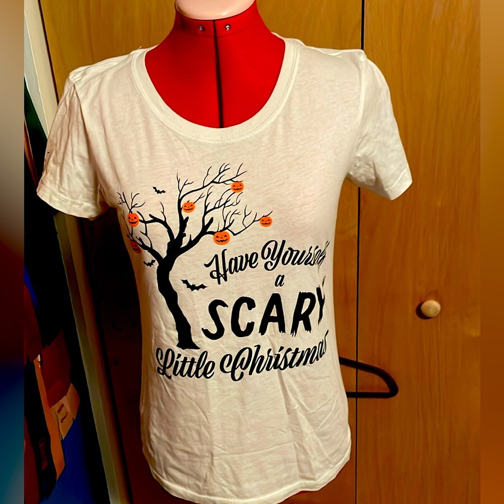 Unique Vintage Spooky Halloween/Christmas white woman’s shirt